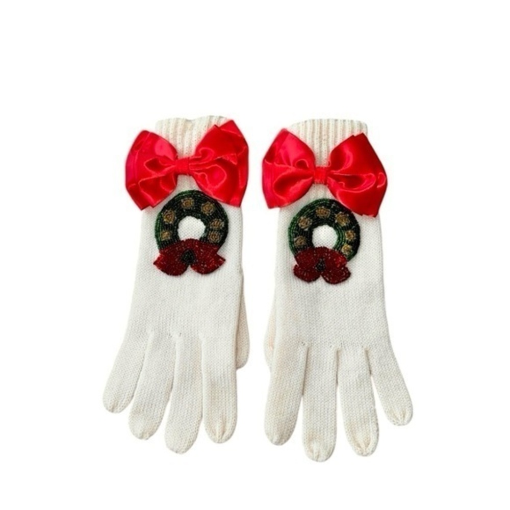 NEW Boutique Brand Beaded Christmas Holiday Wreath‎ 100% Wool Gloves 2002